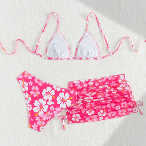 Ensemble 3 pièces pour filles : Maillot de bain taille haute à fleurs et jupe de plage pour filles de 8 à 14 ans – Distributeur de maillots de bain et bikinis - Product Image 2