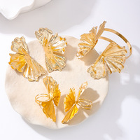 2024 femmes mode ensemble de bijoux exagéré métal demi bord Ginkgo feuille ouvert or Bracelet Bracelet boucle d'oreille anneau géométrique