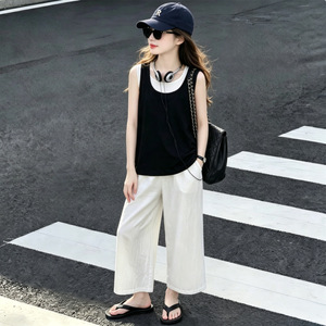 Completo Estivo 2026 Bicolore per <span class=keywords><strong>Bambina</strong></span>: Top Corto e <span class=keywords><strong>Pantaloni</strong></span> a Gamba Larga per Ragazze Più Grandi - Product Image 6