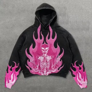 <span class=keywords><strong>Felpa</strong></span> <span class=keywords><strong>con</strong></span> Cappuccio Oversize Gotica di Alta Qualità <span class=keywords><strong>con</strong></span> Stampa <span class=keywords><strong>Scheletro</strong></span> e Fuoco Vintage Lavata Personalizzata - Product Image 2