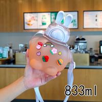 Dessin animé créatif lapin en plastique paille tasse dégradé couleur grande capacité sangle extérieur cadeau enfants étudiant tasses