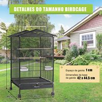 Volière noire ouverte pour oiseaux avec roulettes, plusieurs perchoirs en fer, mangeoires latérales, plateau extractible, utilisation intérieure, structure en acier inoxydable
