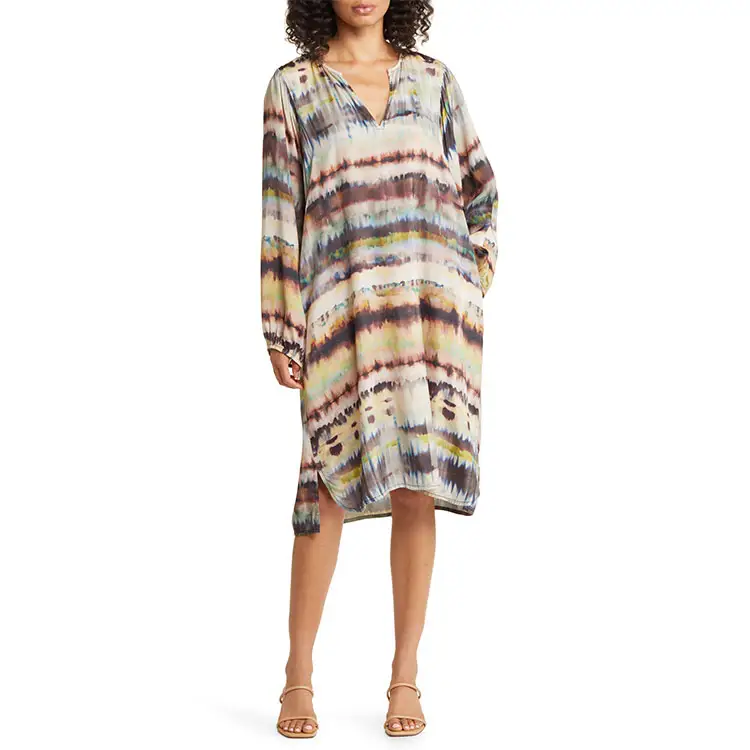 chic billowy long sleeve streaked loose fit sublimation dress ladies 100% viscose Tie Dye Stripe Shirt dress