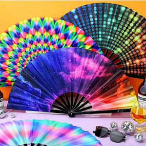 Large 33cm Painted Folding <b>Hand</b> <b>Fan</b> with Bamboo Ribs for Dance Music Festival Party Rave - Product Image 1