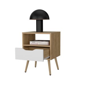 Natural Oak And White Nightstand With <b>Open</b> <b>Storage</b> And Drawer - Product Image 4