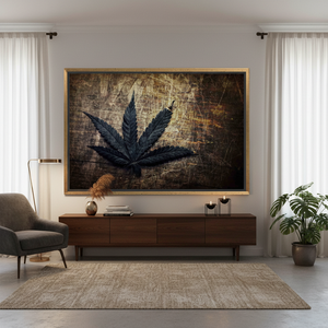 Vintage Grunge Cannabis Leaf Printed Canvas Artwork, Elegant Wall Decor,GOLD <b>FRAMED</b> CANVAS - Product Image 3