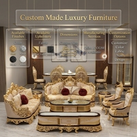 Ensemble de canapés de salon de style royal européen de luxe, cadre en bois sculpté à feuilles d'or, mobilier classique de palais pour villa et hôtel