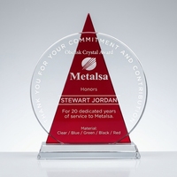 Trophée personnalisé en cristal avec icône, plaque ronde transparente à dos triangulaire rouge et bleu, récompense pour employé pour une longue durée de service, logo gravé au laser