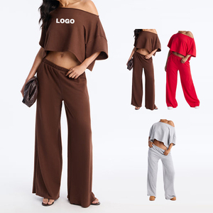Ensemble deux pièces pour femmes, printemps-été, pantalon long en polyester et chemise à manches courtes, épaules tombantes, impression DTG et sérigraphie - Product Image 1