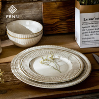 Assiette à dessert et à salade en grès réactif rustique FENN, gaufrée, en porcelaine blanche, pour restaurant, compatible micro-ondes