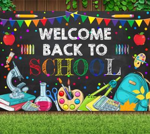 Fondo fotográfico de bienvenida de regreso a la escuela, decoración de pancarta para fiesta con motivos de manzanas y útiles escolares, personalizable - Product Image 3