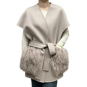 Luxury Double Side Cashmere Fur Waistcoats Women Handmade Wool Vest With Real Fur Pockets