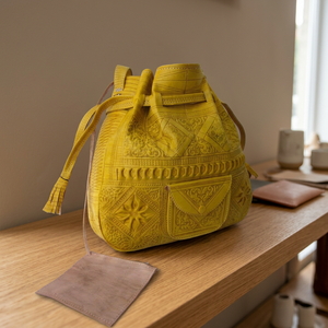 Yellow Genuine Leather Soft Shell Backpack Embossed Patterns Classic Style Durable Carry-<b>on</b> 4-<b>Wheel</b> Handmade Customizable Travel - Product Image 2