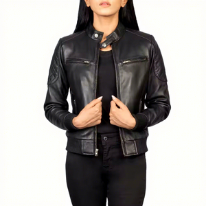 Veste en cuir véritable noir pour femme, col à boutons, en peau de mouton matelassée, poches zippées sur les épaules, style bomber, vêtement d'extérieur chaud personnalisé pour l'hiver - Product Image 1