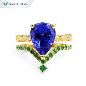 Tianyu Pear Cut Lab Tanzanite Gemstone Side Moissanite Emerald Fine Jewelry 14K 18K Solid Gold Wedding Band Engagement Ring Set