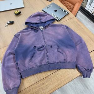 Sudadera con Capucha de Lujo para Hombre, 100% Algodón, Estilo Vintage Desgastado con Lavado Ácido, Cierre de Cremallera, Bordada, Sólida, para Invierno, Gruesa, 400 g/m², Resistente al Viento - Product Image 2