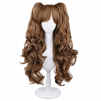 Perruque brune ondulée à double queue pour femme, avec frange complète, longues queues de cheval bouclées, pour Anime, Cosplay, Fête, Halloween, coiffure et présentation
