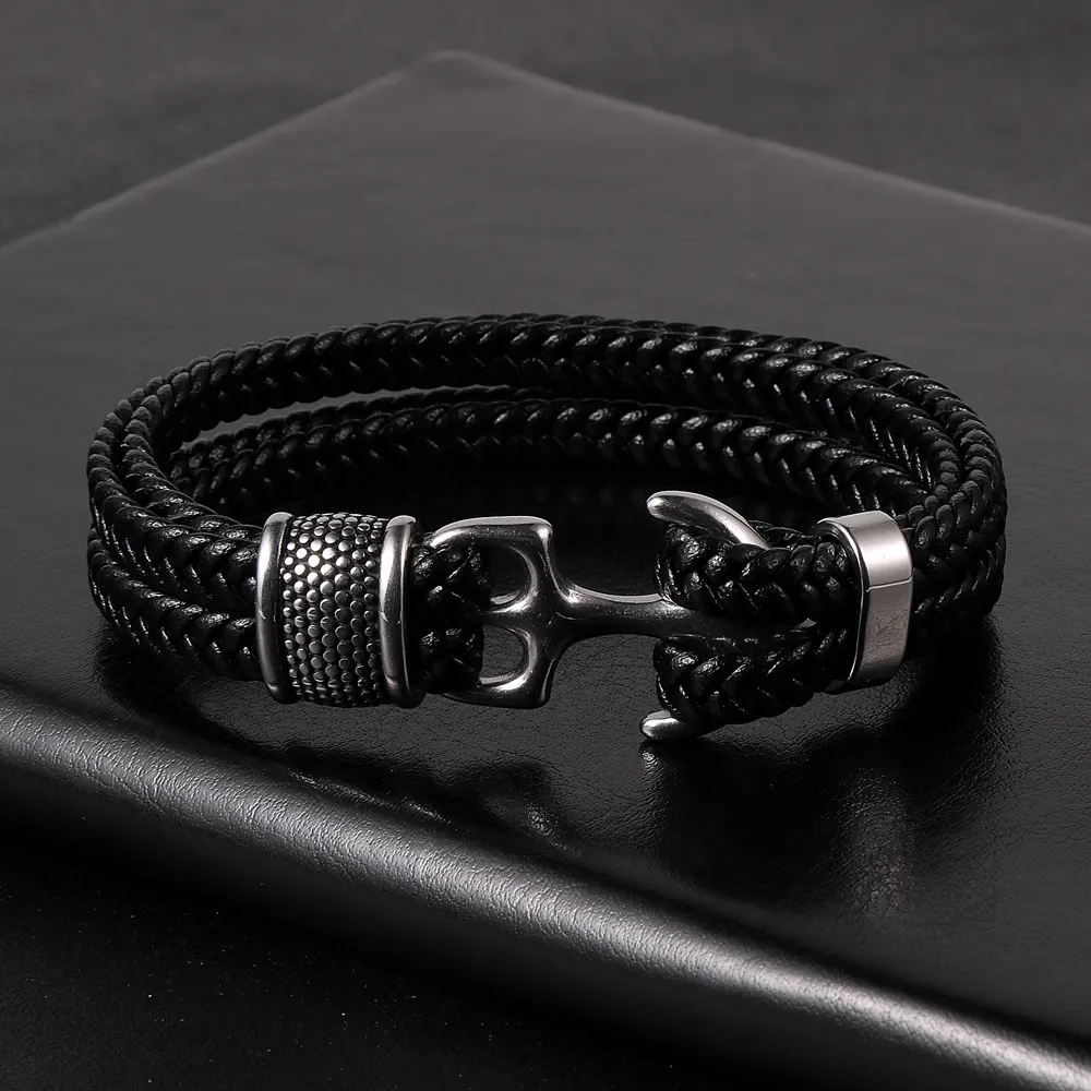 Stainless Steel Sailor Anchor Clasp Multilayers Braided Black Genuine Leather Wrap Bracelet For Men