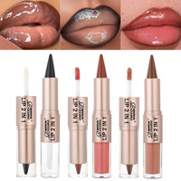 Offre Spéciale – Ensemble 2-en-1 Brillant à Lèvres Double Embout avec Pinceau et Crayon à Lèvres – Maquillage Mat Minéral – Kit de Voyage Crayon et Gloss à Lèvres