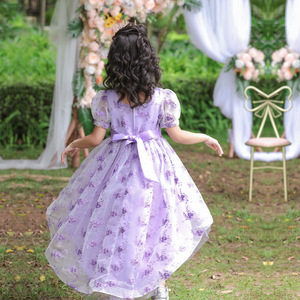 Robes de demoiselle d'honneur brodées pour enfants, col rond, ligne A, robe de princesse en Tulle pour les âges de 3 à 12 ans, couleur rose, violet, champagne - Product Image 3