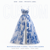 Robe de bal en tulle floral aquarelle personnalisée avec corsage à bretelles spaghetti et fente haute pour femme, vente en gros, fabricant OEM ODM