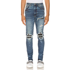 LEDUO <span class=keywords><strong>Jeans</strong></span> da <span class=keywords><strong>Uomo</strong></span> Personalizzati alla Moda con Cerniera Strappi e Toppe in Pelle Cuciture Effetto Lavato Vestibilità Aderente in Cotone Skinny - Product Image 1