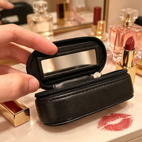 Étui à rouge à lèvres vintage en cuir PU noir avec miroir et fermeture éclair, pochette portable élégante pour baume à lèvres, trousse de maquillage pour femme pour les retouches quotidiennes