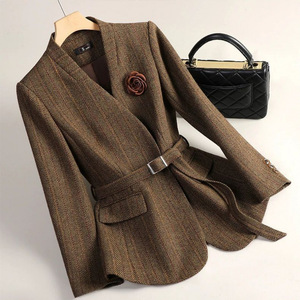 Women's Wool Blazer GDX1668 Coffee Color Slim Fit Autumn Winter Jacket With Belt For Office Wear - Product Image 3