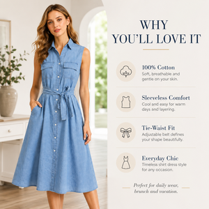 Maßgeschneidertes Modisches Ärmelloses Jeanskleid mit Knopfleiste vorne, Schlanker Schnitt, Bindegürtel, Gewaschener Denim für Damen und Mädchen - Product Image 5
