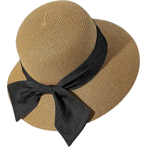 Benutzer definierte chinesische Fabrik Bulk Sommers onne Strand große Krempe Frauen Damen Mädchen Schal Farbstoff Papier Stroh Eimer Hut mit Hutband