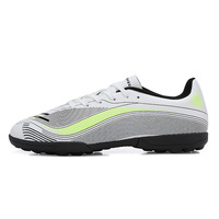 Chaussures de football à crampons longs FG à lacets et coupe basse, chaussures de football d'extérieur, base blanche avec motif de lignes ondulées vert néon et noir