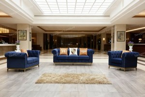 Mỹ sang trọng hiện đại đơn giản Ba chỗ ngồi sofa đặt đồ nội thất phòng khách Vải Nhung Màu Xanh đậm làm bằng gỗ kéo nút thiết kế - Product Image 4