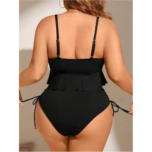 Ensemble de bikini personnalisé pour femmes grandes tailles, haut court à volants, maillot de bain deux pièces taille haute, encolure halter, Spandex Polyester - Product Image 2