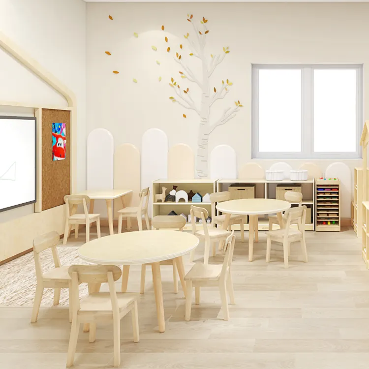 Diseño de espacio para centro de educación temprana Mesas de jardín de infantes, sillas, muebles y muebles de madera maciza para interiores al por mayor