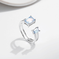 Cincin Perak Sterling 925 Potongan Emerald Persegi Panjang dengan CZ Biru Muda, Cincin Jari yang Dapat Disesuaikan untuk Wanita dan Remaja Putri, Perhiasan Pesta