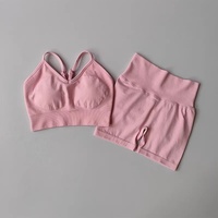 Ensemble de sport 2 pièces : Soutien-gorge de yoga à col en V, haute élasticité, effet push-up, anti-choc et short assorti à séchage rapide pour la course et l'entraînement