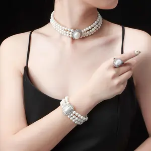 2024 New Luxury Micro Inlay Diamond Pearl Egg Choker Necklace And Bracelet Ring Sets French Style Vintage Pearl Jewelry Sets