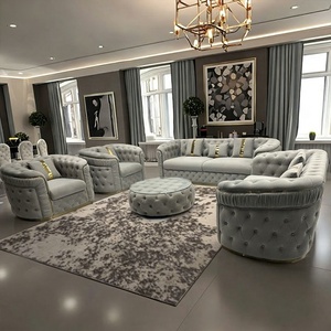 Juego de Sofás Chesterfield de Terciopelo Italiano de Lujo, Color Crema, Directo de Fábrica, para Sala de Estar de Villa, Relleno de Esponja - Product Image 1