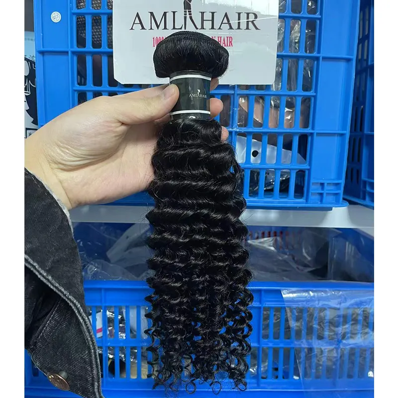Amlhiar fornecedor de cabelo 100%, autêntico cabelo brasileiro virgem cutícula alinhado profundo encaracolado pacotes de cabelo humano