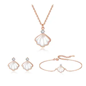 Hot sale 925 sterling silver jewelry set mother of pearl clavicle chain necklace shell shape earrings bracelet sets for girls