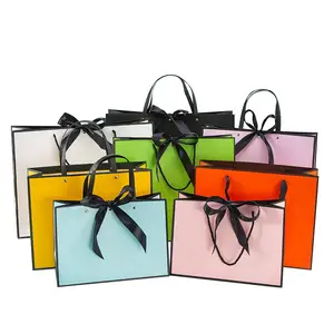 Custom Logo Print Sac En Papier Luxury Jewelry Gift Packaging Bags Boutique Shopping Paper Bags With Handles Ribbon Bow Tie