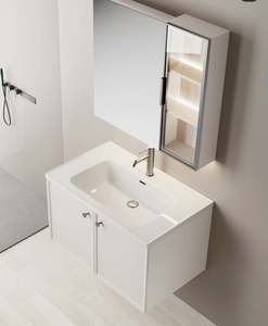 Meuble de salle de bain minimaliste en bois massif, vasque simple avec armoire à pharmacie - Product Image 5