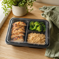 Récipients de préparation de repas noirs jetables en PP de grande capacité, à lunch à 3 compartiments avec couvercle anti-buée