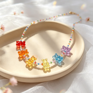 <b>Candy</b> Color Handmade Beaded Choker <b>Necklace</b> Cute Gummy Bear Pendant <b>Necklace</b> For Girls - Product Image 3