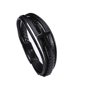 Cross <b>Bracelet</b> Stainless Steel Pu <b>Leather</b> Titanium Cross Unisex Jewelry Gift 7.5 8.5 9 Inches Geometric Design - Product Image 4