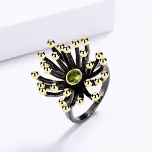 Anel de pedra preciosa para mulheres, bijuterias da moda, kyra01385, flor, pistola negra banhada à prova de água, anel com pedra preciosa para mulheres