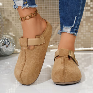 Sabots en <span class=keywords><strong>daim</strong></span> <span class=keywords><strong>beige</strong></span> pour femmes avec bride à boucle, <span class=keywords><strong>mules</strong></span> décontractées à enfiler - Product Image 3