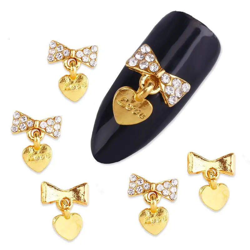 Glitter Golden Nail 3d Bows Nail Art Decorations with Heart Rhinestones, Alloy Nail Charms Jewelry