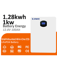 SAMAS 12.8V1.28KWH 100Ah Sistema de Almacenamiento de Energía Solar LiFePO4 Todo en Uno, Comunicación CAN RS485/WIFI, Montaje en Pared, Fuera de la Red