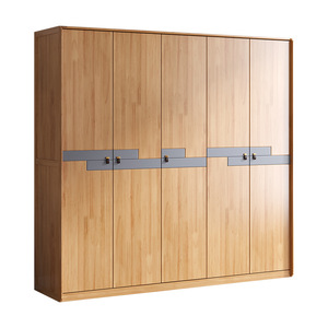 Armario Moderno Minimalista de Cinco Puertas, Puerta Abatible de Madera Maciza, Gran Capacidad, Armario de Almacenamiento para Dormitorio, Color Nogal - Product Image 2